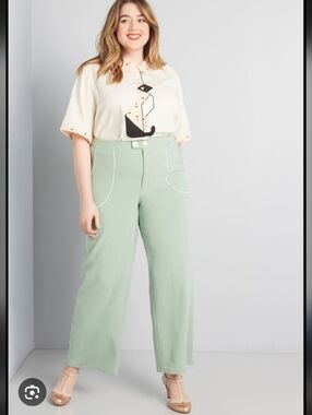 Modcloth Sz 14 Sage Green White Piping Pockets Wide Legs Office Trouser Pant